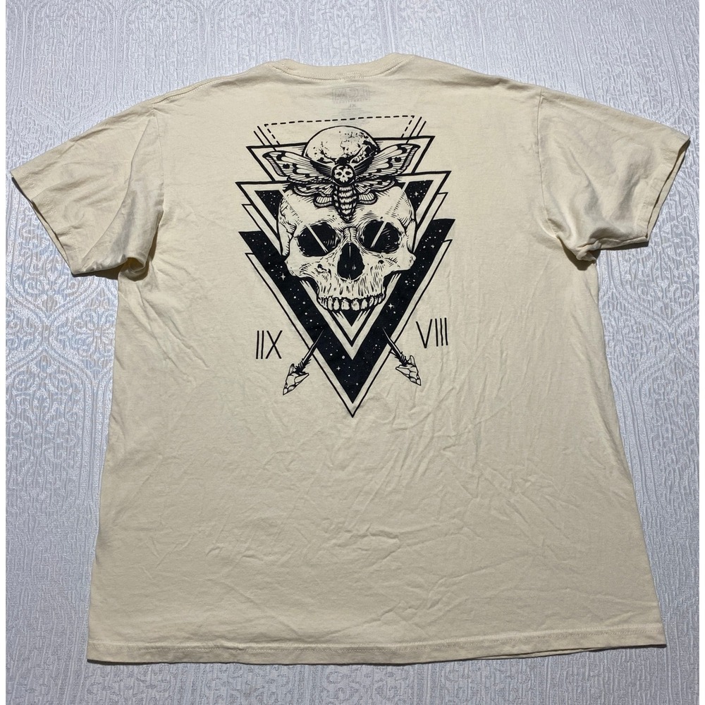Skull & Hawk Moth Sacred Geometry Graphic T-Shirt Tan XL Vecster Gothic Occult